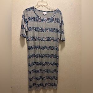 LuLaRoe Gray Midi Dress with Blue and Pink Floral Stripes